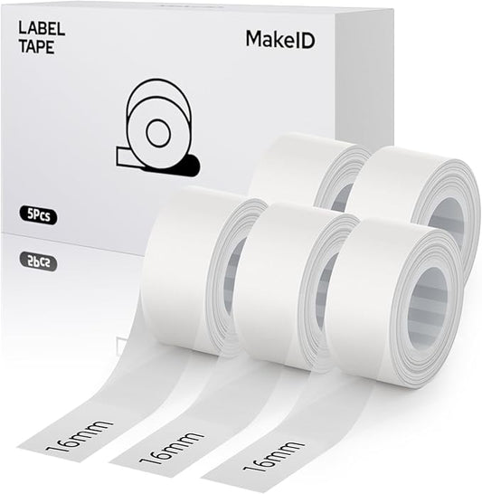 MakeID L1 E1 Q1 Label Maker Tape Refills, 5-Roll 16mm x 4m (0.63" x 13') Continuous Consumables Thermal Laminated Office Labeling Tape Replacement