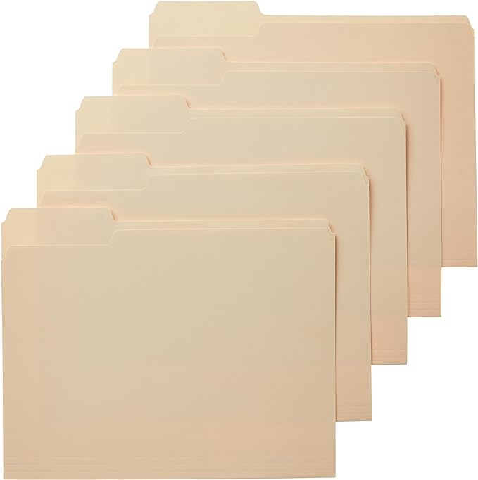 Amazon Basics 1/3-Cut Tab, Assorted Positions File Folders, Letter Size, Manila - Pack of 100