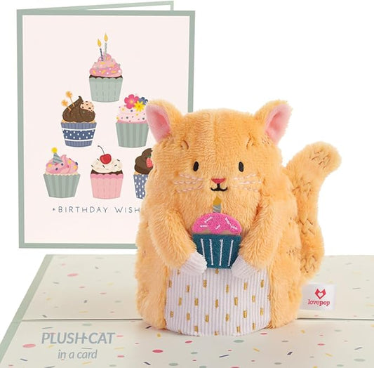 Lovepop Plushpop Soft Animal Pop-Up Card for Her and Him - 3D Birthday Greeting Card for Boys, Girls, Men, Women - Cupcake Cat - 6" x 8" Card