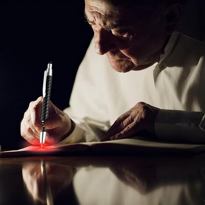 Glovion Lighted Tip Pen with Stylus 3-in-1 - LED Penlight Light Up Pen Light Ballpoint Pen with Light for Writing in the Dark - Pack of 3 - Red Light - GL006