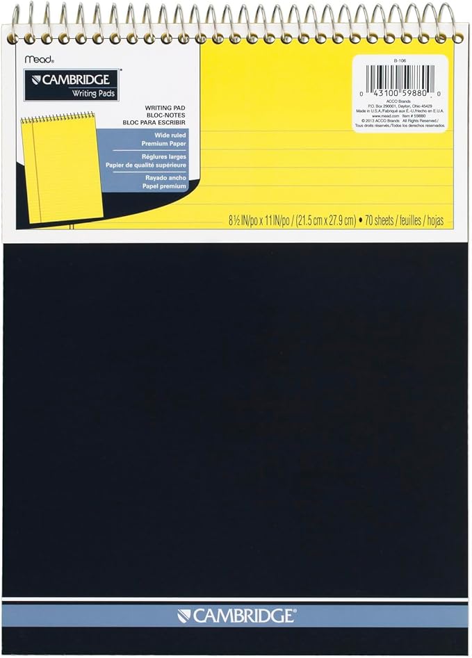 Mead Legal Pad Writing Pads, Top Bound, Wide Ruled Paper, 8-1/2" x 11", 70 Sheets, Great for Use as Home Office Supplies, Memo Pads, Note Pads, or Steno Pads, Letter Writing, Canary Yellow (MEA59880)