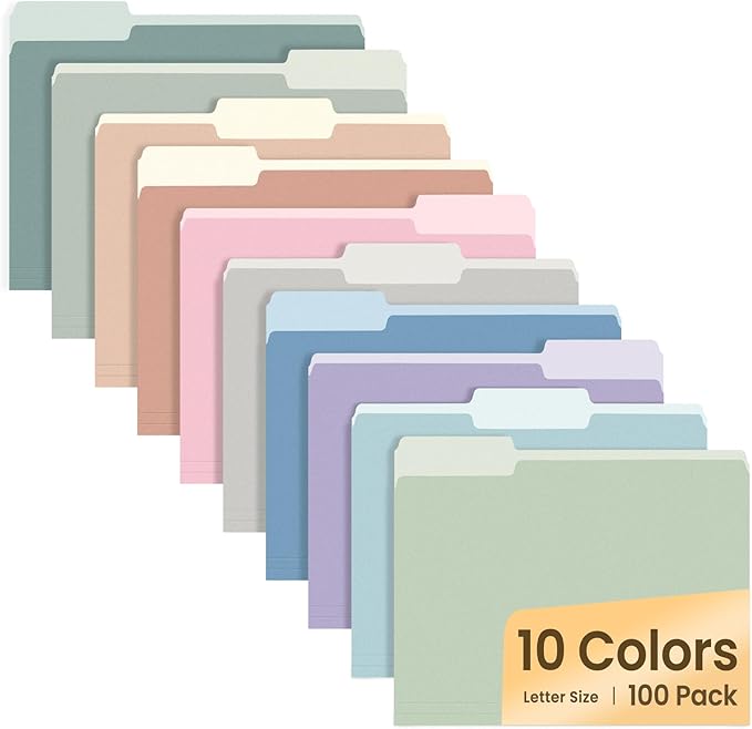 SUNEE File Folders Letter Size 10 Pastel Colors, 100 Pack Manilla Folders 8.5 x 11 1/3-Cut Tabs, Colored File Folders Office Home School for Documents Files Paper