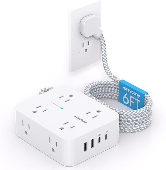 PD 30W USB C Power Strip Surge Protecor, 8 Outlets 4 USB Fast Charger (2 USB C Ports), 1080J Desk Charging Station for Multiple Devices, 6 Ft Flat Plug Extension Cord for College Dorm Room Essentials