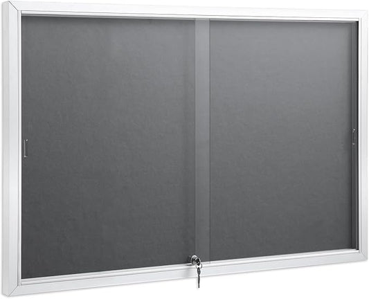 SWANCROWN Enclosed Locking Bulletin Board Gray Fabric Message Board with Sliding Glass Doors,for Indoor Use,48"x34"