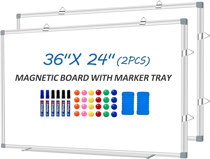 White Board Dry Erase Whiteboard for Wall 36" x 24" (2pcs) Aluminum Presentation Magnetic Whiteboards with Long Pen Tray, Hanging Whiteboard for Office, Meeting Room, Classroom, School & Home