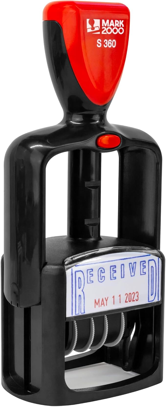 Self-Inking Rubber Date Office Stamp with Scanned Phrase - Blue Ink & Date Red Ink - 12-Year Band