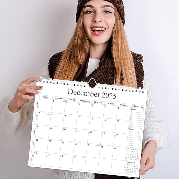 Calendar 2025 - Wall Calendar 2025-2026 from January 2025 - June 2026, 18 Months Calendar with Premium Paper, Twin-Wire Binding & Hanging Hook, 12" x 14.5", Black