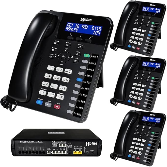 XBLUE X16 Plus Small Business Phone System Bundle with (4) XD10 Digital Phones - Capacity is (6) Outside Line & (16) Digital Phones - Includes Auto Attendant, Voicemail, Caller ID, Paging & Intercom