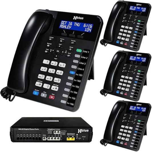 XBLUE X16 Plus Small Business Phone System Bundle with (4) XD10 Digital Phones - Capacity is (6) Outside Line & (16) Digital Phones - Includes Auto Attendant, Voicemail, Caller ID, Paging & Intercom