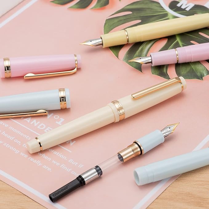 Jinhao 82 Pink Acrylic Fountain Pen, Iridium Extra Fine Nib Classic Design Smooth Writing Pen with Ink Converter (Gold Trim)