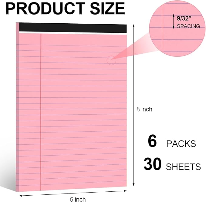 Utron 6 PCS Small Legal Pads 5x8 Pink, Narrow Ruled Small Note Pads 5x8, Micro Perforated Writing Pad, College Ruled Legal Notepads 5x8 for Study, Office, To-Do Lists(30 Sheets/Small Notepad)