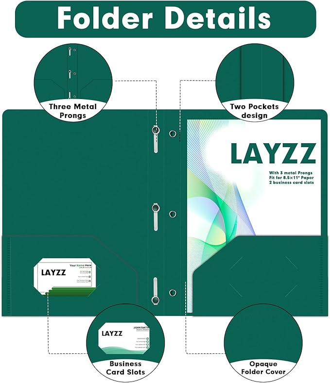 Plastic 2 Pocket Folders with Prongs, 30 Pack, Heavyweight, Letter Size Poly Folders with 3 Metal Prongs Fastener Clips (Green)