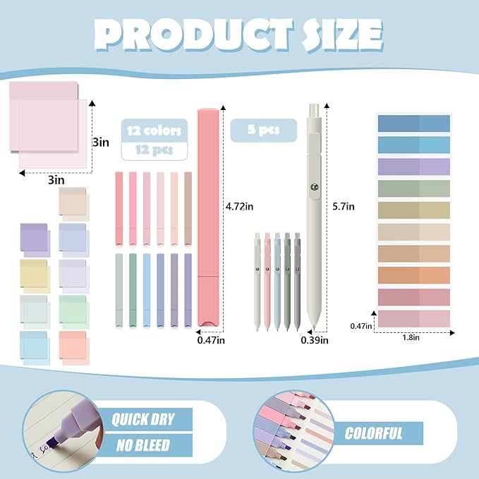 Jutom 39 Pcs Aesthetic Book Annotation Kit Pencil Case Bag with Highlighter Gel Pen 700 Sheets Transparent Sticky Notes Pads Index Tab Bible Study Supplies for School(Green,Cute Style)