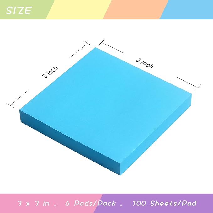 Sticky Notes 3x3 Self-Stick Notes Pads with 6 Bright Colors, Easy to Post for Office, Shool, Home, 6 Pads/Pack, 100 Sheets/Pad (Blue)