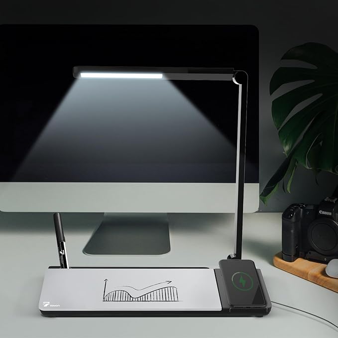 Small Desk whiteboard - Glass Dry Erase White Board- Desk Computer Buddy with Fast Charger Charging Station, Desk Board Buddy with Adjustable Foldable Desk Lamp, Dry Erase Notepad, Black, 17 x 6 in