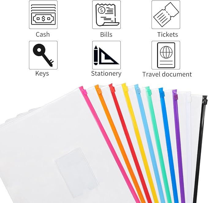 EOOUT 24pcs Plastic Envelopes Poly Zip Envelopes Files Zipper Folders, A4 Size, Letter Size, 10 Colors, for School Office Travel Storage Supplies