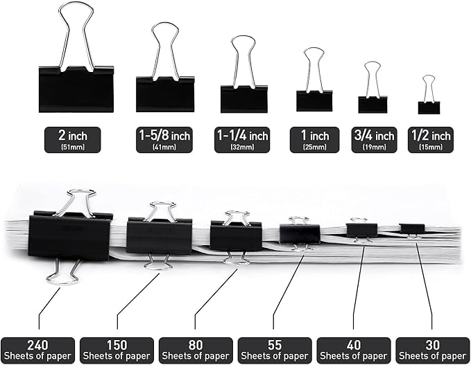 Black Binder Clips, 72 Pack, Standard 41mm, 1.6 Inch, Large Clips, Capacity 0.66 Inch, Binder Clips Large Size, Large Paper Clips, Office Clips, Great Binder Clips