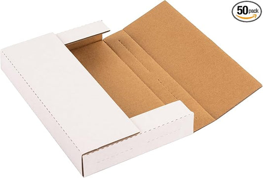 DVD Shipping Boxes 9"L x 6"W x 1.3"H Easy-Fold Small Box for Mailing, Storing, Package, Gifts, Crafts, Business or Home, with Fragile Stickers, White, 50-Pack