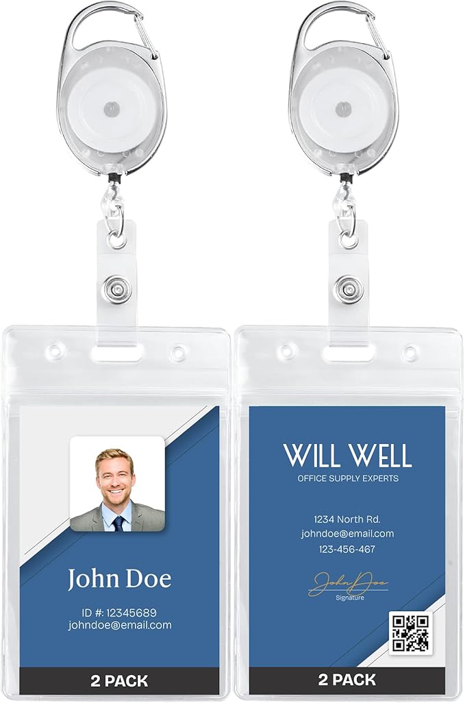 Will Well ID Badge Holders with Clip and Keyring - Vertical Clear Plastic 3.7" x 2.5" Sleeves Fit Up to 3 Cards - Retractable 24" UHMWPE Fiber Pull Cords - 2-Pack, Transparent White Reels