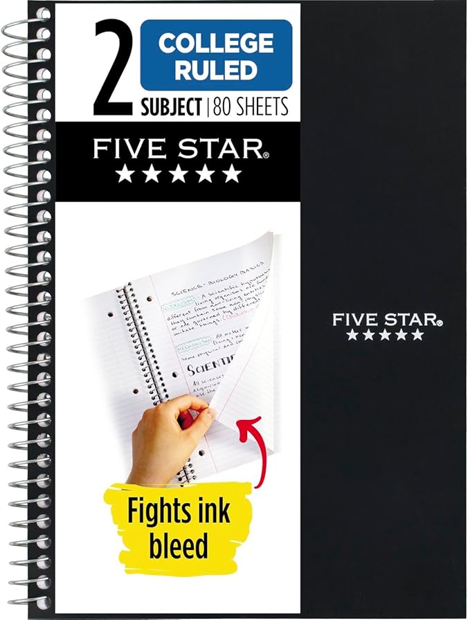 Five Star Spiral Notebook, 2 Subject, College Ruled, 9 1/2" x 6" 80 Sheets, Black (840029AA2-ECM)