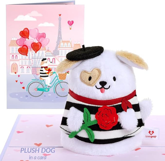 Lovepop Plushpop Soft Animal Pop-Up Card for Her and Him - 3D Greeting Card for Boys, Girls, Men, Women - French Love Dog - 6" x 8" Card