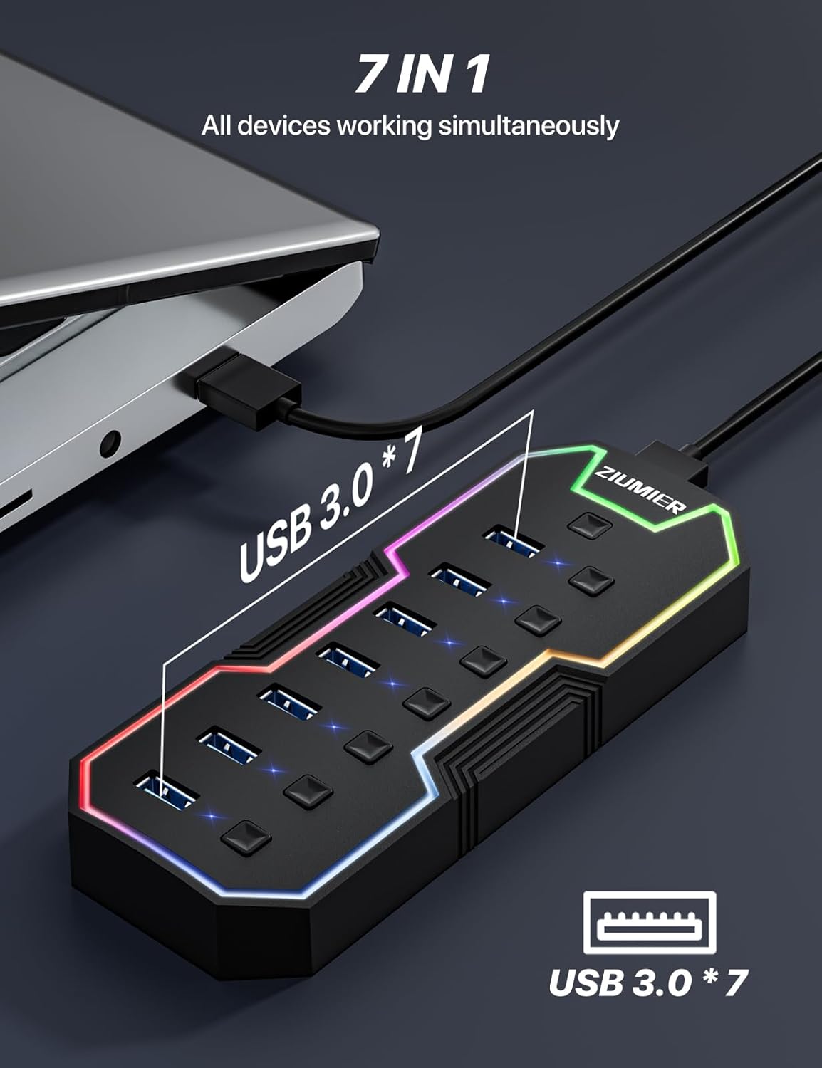 ZIUMIER USB 3.0 Hub,7 Ports USB Expander with RGB LED Strip for MacBook, Mac Pro, Mac mini, iMac, Surface Pro, XPS, PC, Flash Drive, Mobile HDD