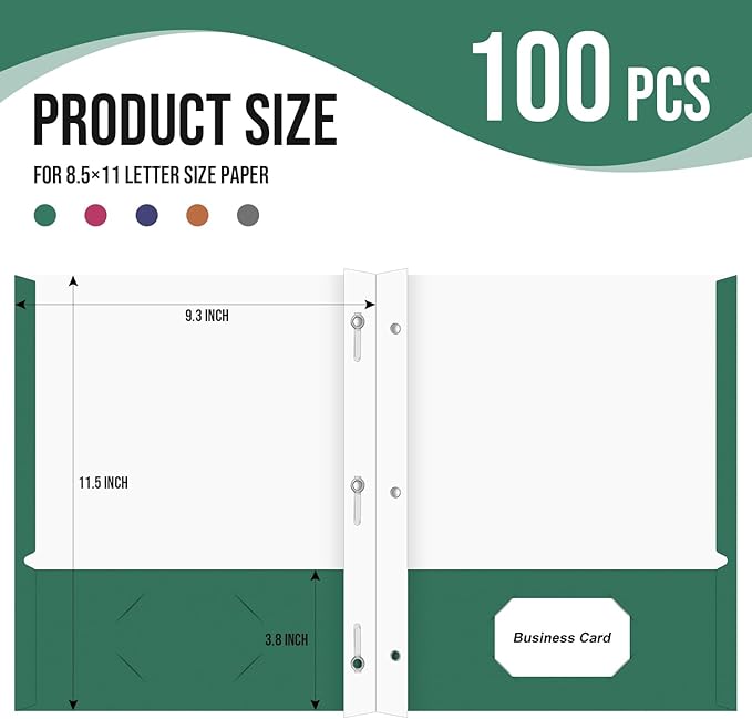 Folders with Pockets, IntoJoy 100 Pack Two Pocket Folders Business Card Holder Folders with Prongs for School Office Filing Cabinet Resume Portfolio (Colored)