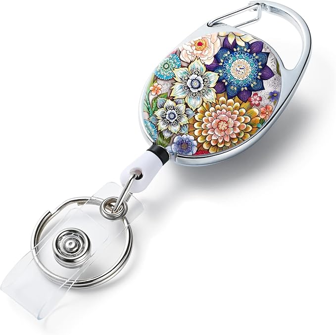 Datura Flowers Badge Reels - Retractable Double Sided Color Print Pattern Holders with Keychain, Clip and Key Ring - Durable Nylon Rope
