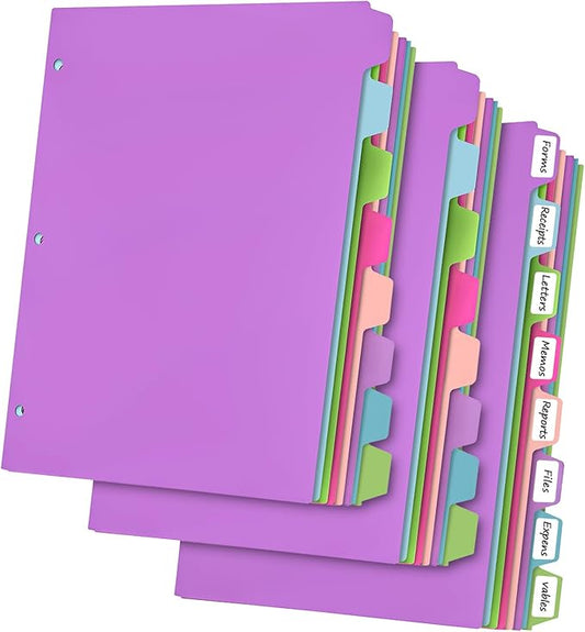 HABGP 24Pcs/3 Set Binder Dividers with Tabs, 8 Color Tab for 3 Ring Binder Dividers, Page Folder Dividers for 3 Ring Binder Sheet Paper Protectors, Plastic Tabbed File Dividers with Tabs