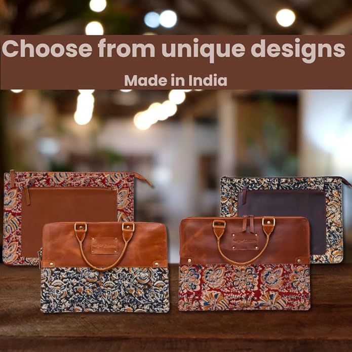 Handcrafted Laptop Bag/Sleeve/Case for Women | Made From Leather With Handblock Fabric - Ideal For 13 Inch Devices