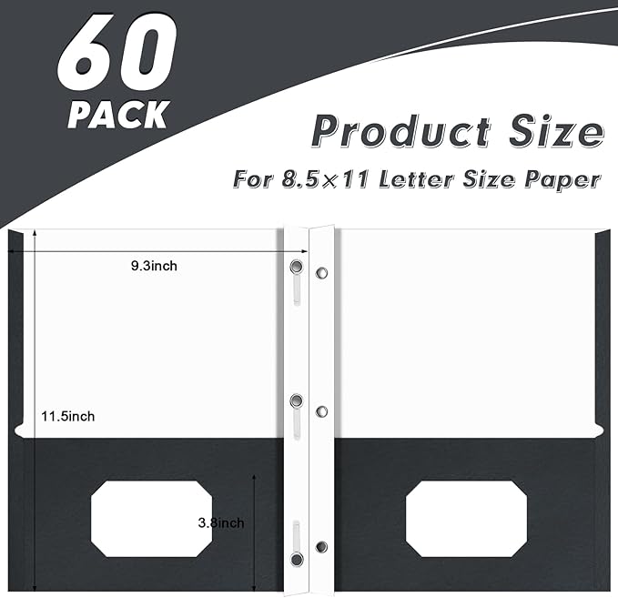 Two Pocket Folders, PANDRI 60 Pack Two Pocket Folders with Prongs, 3 Prong Folders Designed for Office and Classroom, Letter Size Black