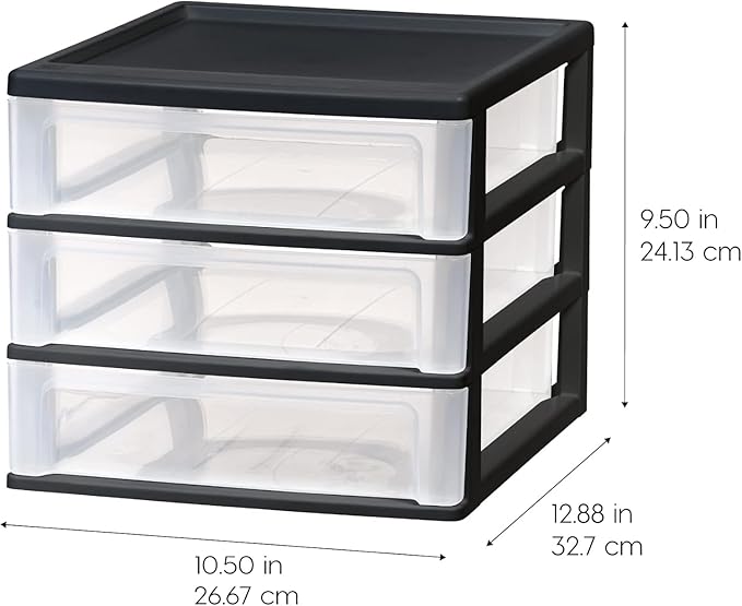 IRIS USA Plastic Stacking Desk Top 3-Drawer Storage Organizer, 2-Pack, for Makeup Vanity Nail Polish Bathroom Stationery Art Craft Supplies Kitchen Office Garage and Small Organization, Medium, Black