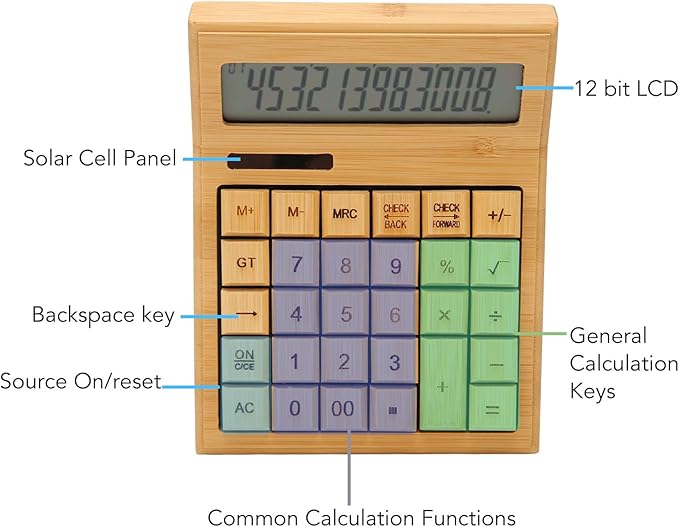 Zopsc Bamboo Calculator, Wooden Solar Calculators with 12 Bit Digital LCD Screen, Basic Standard Function Desk Calculators with 29 Big Buttons for Office Home School Store