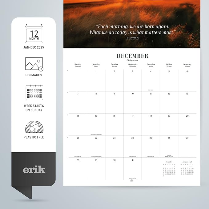 Zen Nature Wall Calendar 2025 12" x 12" FSC® Plastic Free - Starts Week On Sunday | Square Wall Calendar | Family Planner Calendar 2025 | Nature Calendar 2025