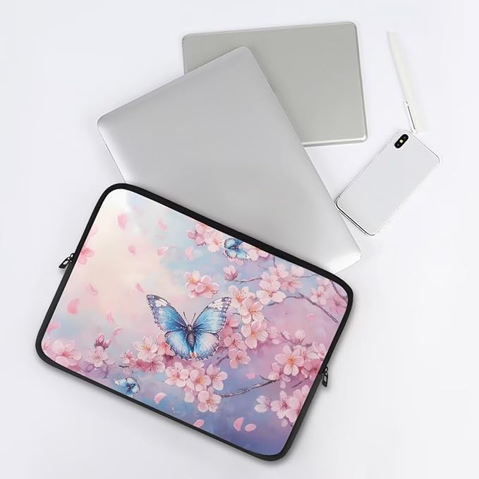 Butterfly Print Laptop Bag for Girls, 12 Inch Peach Blossom Laptop Sleeve Soft Laptop Case Bag for Girls, Waterproof Laptop Briefcase Computer Bag with Zipper