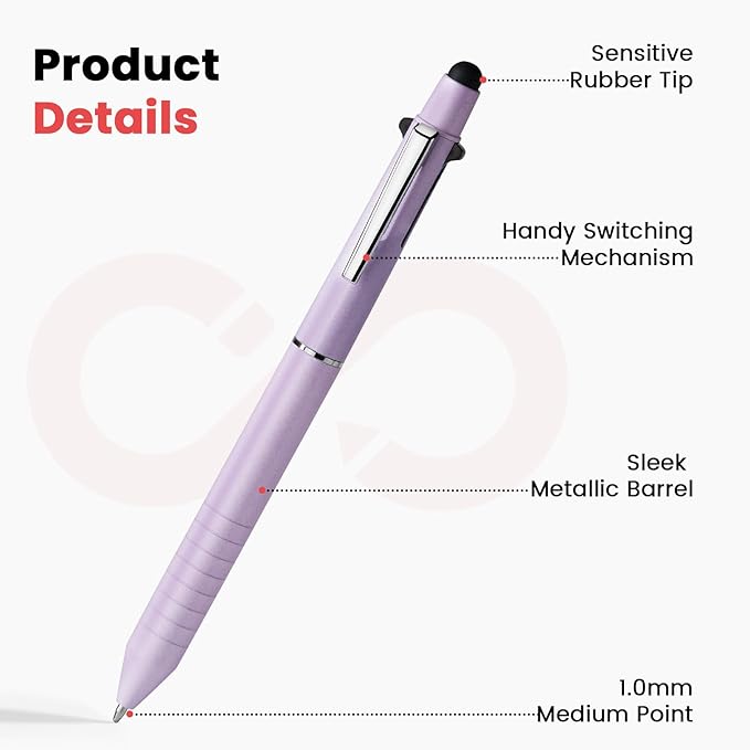 Sooez Multicolor Pen in One, Sleek Metallic 4 Color Ballpoint Pen, Medium Point (1.0mm), Retractable Ball Pen with Stylus Tip, Journaling Planner Pen for Nursing School Office Supplies, 3 Pack, Purple