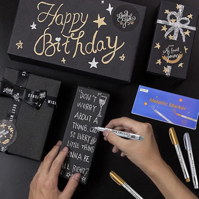 Dyvicl Metallic Markers Pens - Silver and Gold Paint Pens for Black Paper, Glass, Rock Painting, Halloween Pumpkin, Card Making, Scrapbook Album, Christmas DIY Art Craft Kids, Set of 4