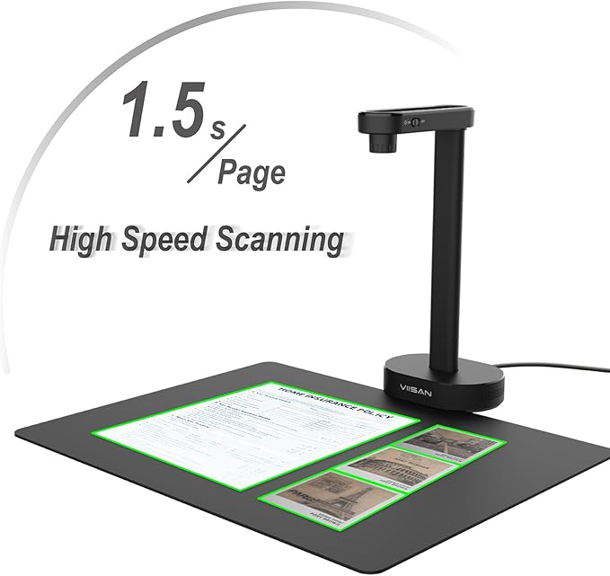 VIISAN 16MP Portable Document Scanner Camera, A4 Capture, USB Document Camera with Deskewing, Multi-Page Scanning, Pocket Book Scanning, OCR & TTS, Compatible with Windows & macOS
