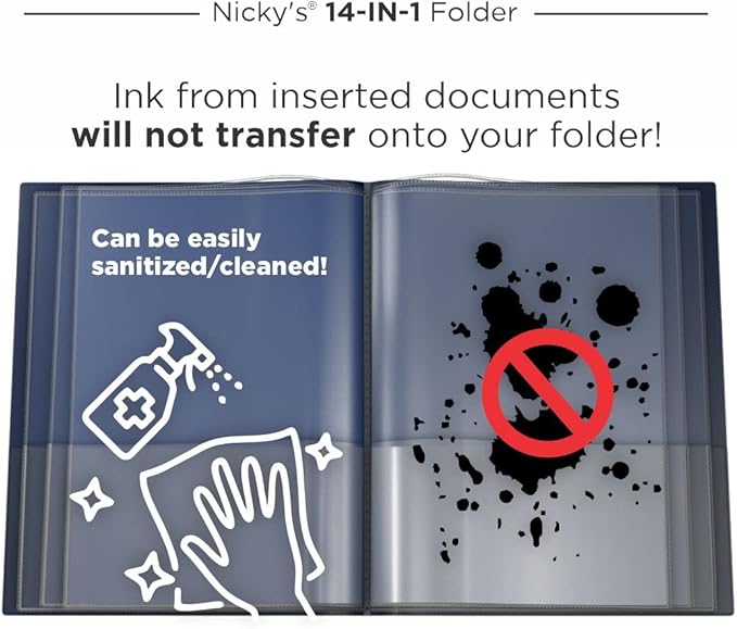 Nicky's® Multi Pocket Organizer, 10 or 14 Page Folder, Waterproof, Patented Tear-Resistant, Flexible Plastic, Proudly Made in USA, Binder Substitute. (14-in-1 Navy Blue)