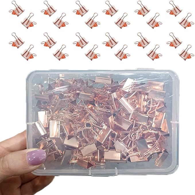 Mini Binder Clips, 120 Pack, 5/8 Inch, Standard 15mm, Rose Gold, Binder Paper Clips, Fold Clamp, Capacity 0.23 Inch, Paper Clips, Office Supplies, with Mini stroage Boxes