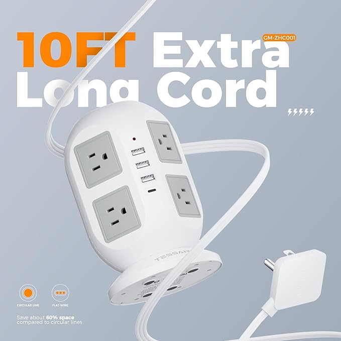 Tower Power Strip Surge Protector 10 Ft, TESSAN Flat Plug Extension Cord with Multiple Outlets, 8 AC Outlets, 4 USB Ports, 1 Built-in USB Cable, Desk Charging Station for Home Dorm Office