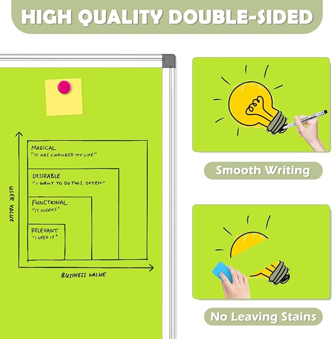 WALGLASS Magnetic Whiteboard 24"x18" Dry Erase White Board for Walls with Pen Tray, Aluminium Frame and Dry-Wipe Writing Surface for Kids' Drawing, Home, and Office (Green)