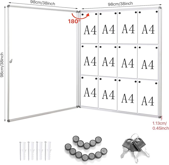 SWANCROWN Locking Bulletin Boards Enclosed Noticeboard White Glass Message Boards Indoor for School Office 38x38 inches (12xA4)