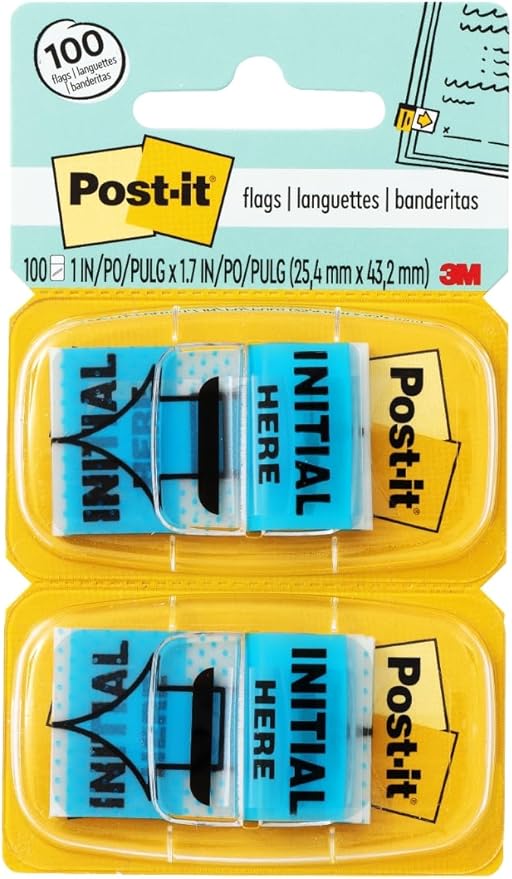 Post-it Initial Here Flags, 50/Dispenser, 2 Dispensers/Pack, 1 in Wide, Blue (680-IH2)
