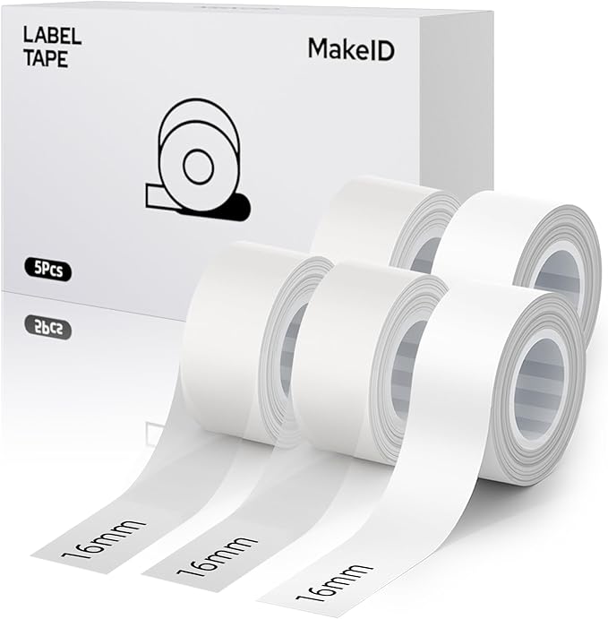 MakeID L1 E1 Q1 Label Maker Tape Refills, 5-Roll 16mm x 4m (0.63" x 13') Continuous Consumables Thermal Laminated Office Labeling Tape Replacement