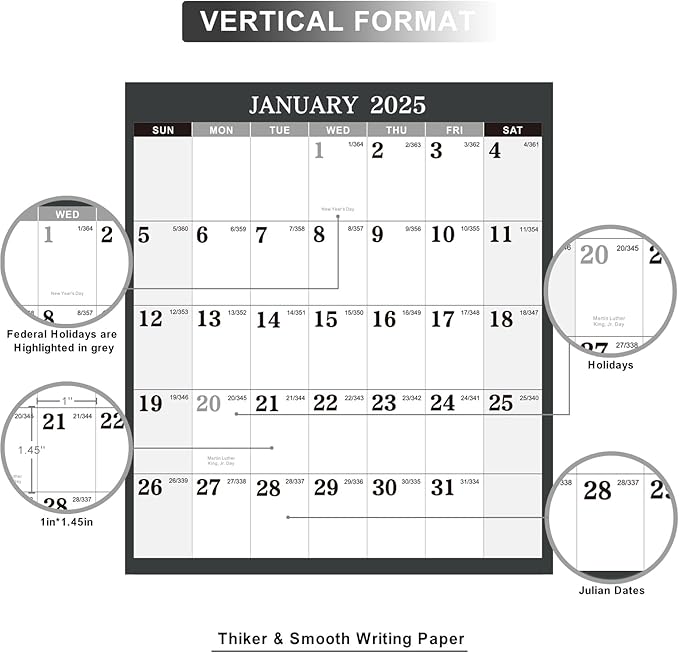 2025 Yearly Wall Calendar - Jan. 2025 - Dec. 2025, 34.3" x 22.8" (Open), Yearly Wall Calendar 2025 with Julian Date, Vertical Calendar with Premium Paper, Round & Planner Sticker, Gray