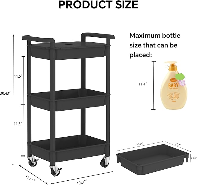 3-Tier Utility Rolling Cart with Cover Top Board, Mobile Utility Cart with Lockable Casters Multi-Functional Storage Trolley for Office, Bathroom, Kitchen, Garden, Laundry Room (Black)
