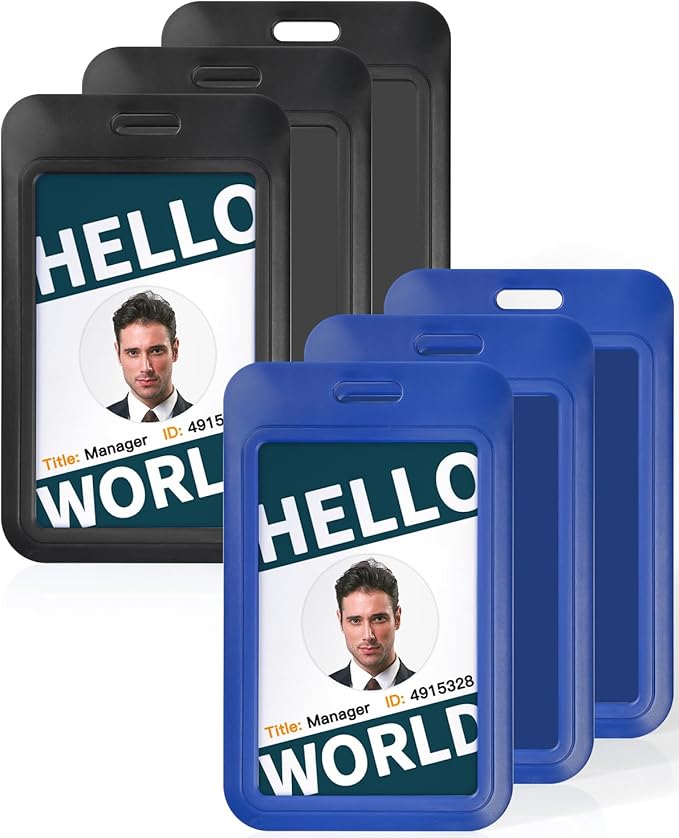 Uniclife 6 Pack Sliding ID Badge Holder Vertical Hard Plastic Case with Clear Window Black&Blue Card Protector Pouch for Office School ID Credit Cards Proximity Key Cards Driver’s Licenses and Passes