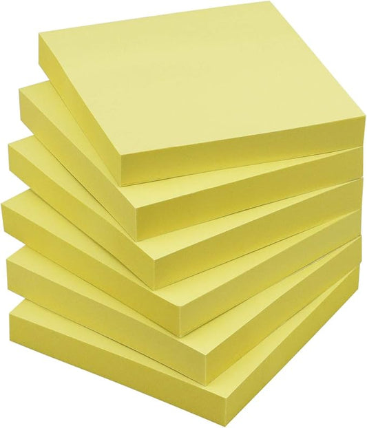 Sticky Notes 3x3 Self-Stick Notes Pads with 6 Bright Colors, Easy to Post for Office, Shool, Home, 6 Pads/Pack, 100 Sheets/Pad (Yellow)