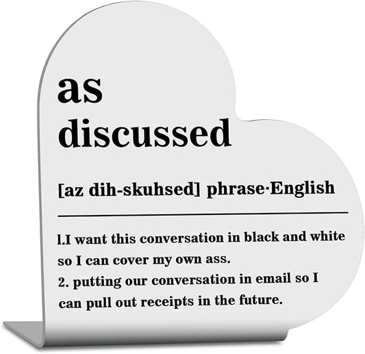 Funny Office Home Decor, Home Office Desk Accessories for Women Men, Heart Stainless Steel Plaque Sign for Desk Table Book Shelf Decor(As Discussed Noun Definition)